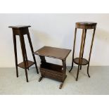 A SOLID OAK OCCASIONAL TABLE WITH MAGAZINE RACK BELOW ALONG WITH TWO PLANT STANDS