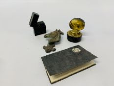 BOX OF COLLECTIBLES TO INCLUDE VICTORIAN LEATHER MATCH HOLDER / STRIKER AND A LEATHER BOUND