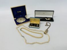 BOX OF COSTUME JEWELLERY TO INCLUDE BIRMINGHAM ASSAY SILVER SPOON, CUFF LINKS AND TIE STUD BOXED,