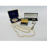 BOX OF COSTUME JEWELLERY TO INCLUDE BIRMINGHAM ASSAY SILVER SPOON, CUFF LINKS AND TIE STUD BOXED,