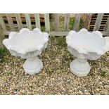 A PAIR OF LEAF DESIGN STONEWORK GARDEN PLANTERS ON STANDS - HEIGHT 50 CM. DIAMETER 47 CM.