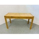 AN ERCOL "BOSCO" OAK DESIGNER TWO DRAWER SIDE TABLE 130CM X 55CM