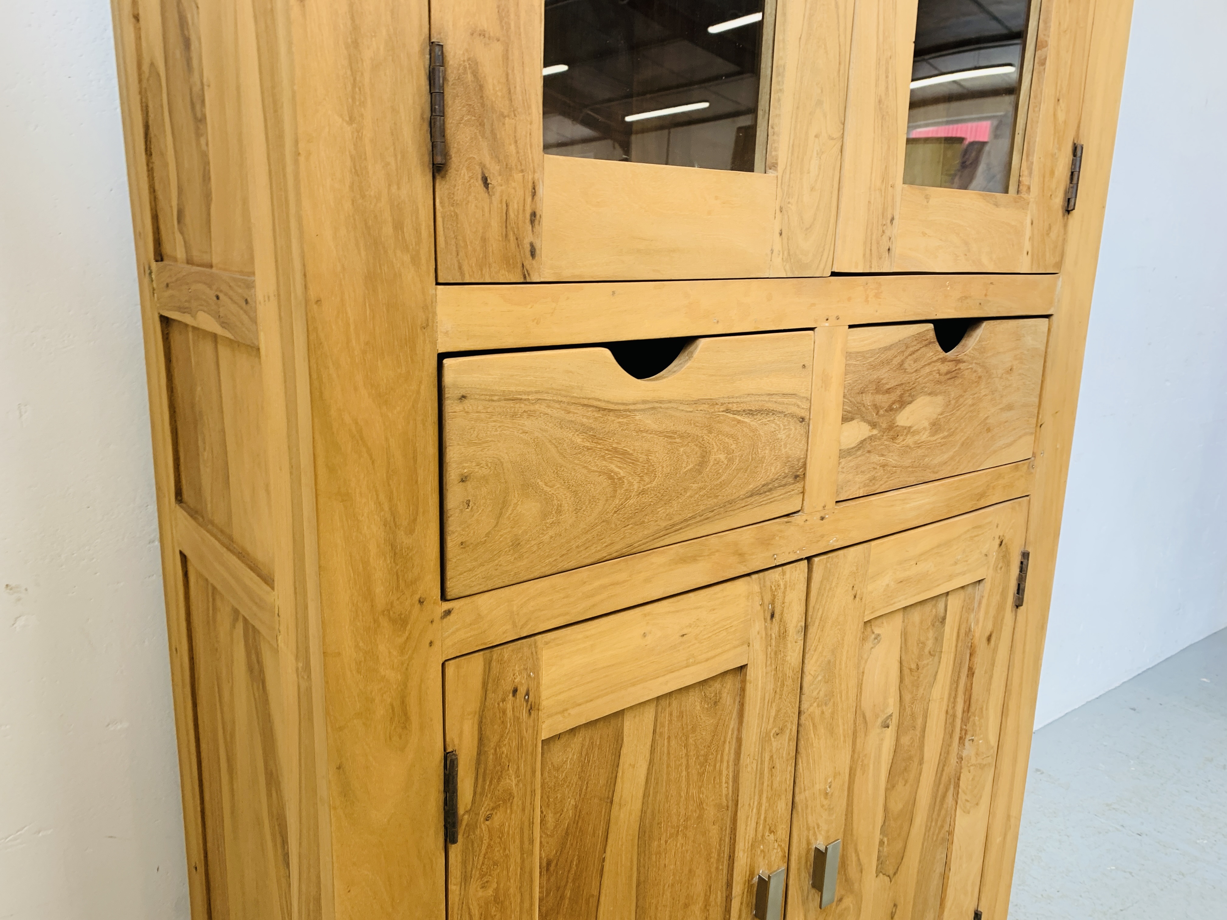 HARDWOOD ACACIA PART GLAZED CABINET WITH TWO CENTRAL DRAWERS - W 90CM. D 40CM. H 180CM. - Image 4 of 8