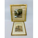 VINTAGE FRAMED WATERCOLOUR DEPICTING MOTHER AND CHILDREN CROSSING A STREAM,