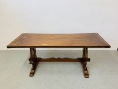 A HEAVY OAK REFECTORY STYLE DINING TABLE - 182 CM X 68 CM