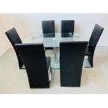 A DESIGNER GLASS AND CHROME PEDESTAL DINING TABLE WITH SET OF SIX CHROME FRAMED LEATHERETTE DINING