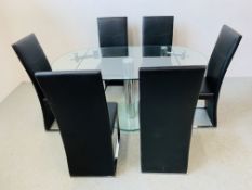 A DESIGNER GLASS AND CHROME PEDESTAL DINING TABLE WITH SET OF SIX CHROME FRAMED LEATHERETTE DINING