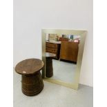 AN OAK BARREL STYLE OCCASIONAL TABLE WITH STORAGE TO BASE AND MODERN RECTANGULAR WALL MIRROR