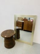 AN OAK BARREL STYLE OCCASIONAL TABLE WITH STORAGE TO BASE AND MODERN RECTANGULAR WALL MIRROR