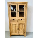HARDWOOD ACACIA GLAZED CABINET WITH TWO CENTRAL DRAWERS - W 90CM. D 40CM. H 180CM.