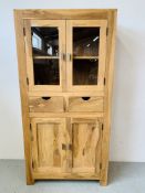 HARDWOOD ACACIA GLAZED CABINET WITH TWO CENTRAL DRAWERS - W 90CM. D 40CM. H 180CM.