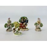 A GROUP OF FOUR CONTINENTAL STYLE MANTEL PIECE ORNAMENTS - DAIRY COW, PIPE PLAYER WITH DOG,