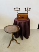 A MAHOGANY SINGLE DRAWER CD STORAGE BOX, PAIR OF OAK BARLEY TWIST CANDELABRA,