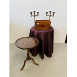 A MAHOGANY SINGLE DRAWER CD STORAGE BOX, PAIR OF OAK BARLEY TWIST CANDELABRA,