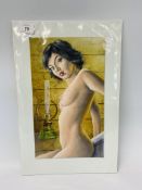 AN ORIGINAL KRYS LEACH OIL ON BOARD NUDE STUDY "OIL LAMP" 31 CM X 19 CM.