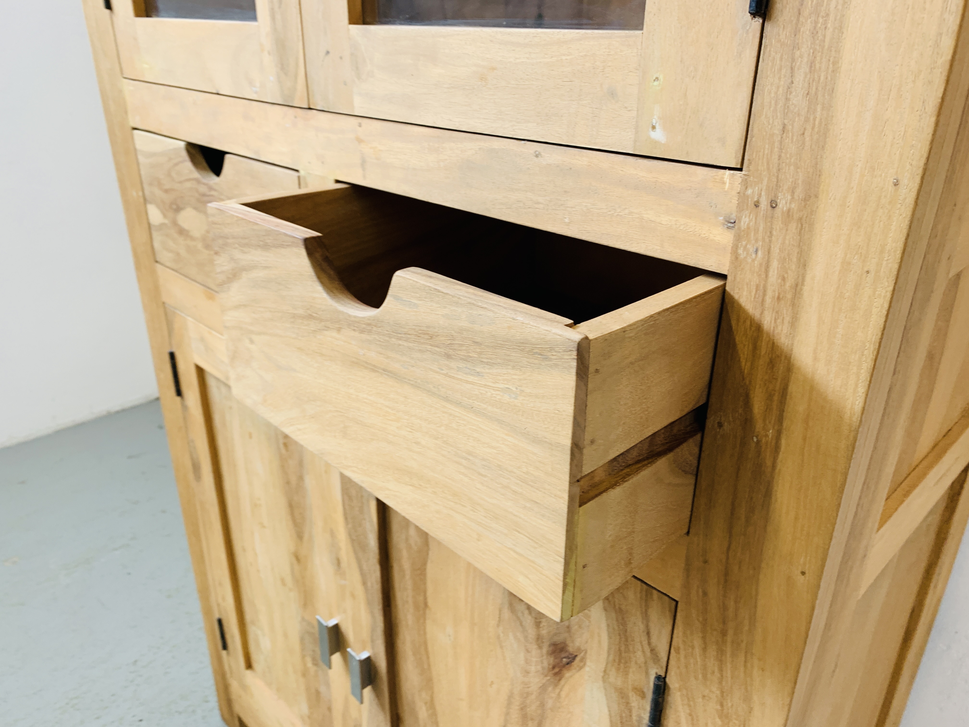 HARDWOOD ACACIA GLAZED CABINET WITH TWO CENTRAL DRAWERS - W 90CM. D 40CM. H 180CM. - Image 6 of 7