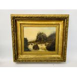 C19TH OIL ON CANVAS OF WATERFALL BEARING INITIAL W.T.J. DATED 1885 36 X 46 CM.