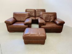 A GOOD QUALITY TAN LEATHER THREE PIECE LOUNGE SUITE WITH MATCHING POUFFE