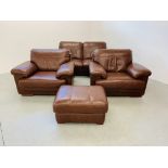 A GOOD QUALITY TAN LEATHER THREE PIECE LOUNGE SUITE WITH MATCHING POUFFE