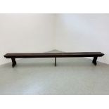 A PINE WAITING ROOM BENCH - LENGTH 367 CM.