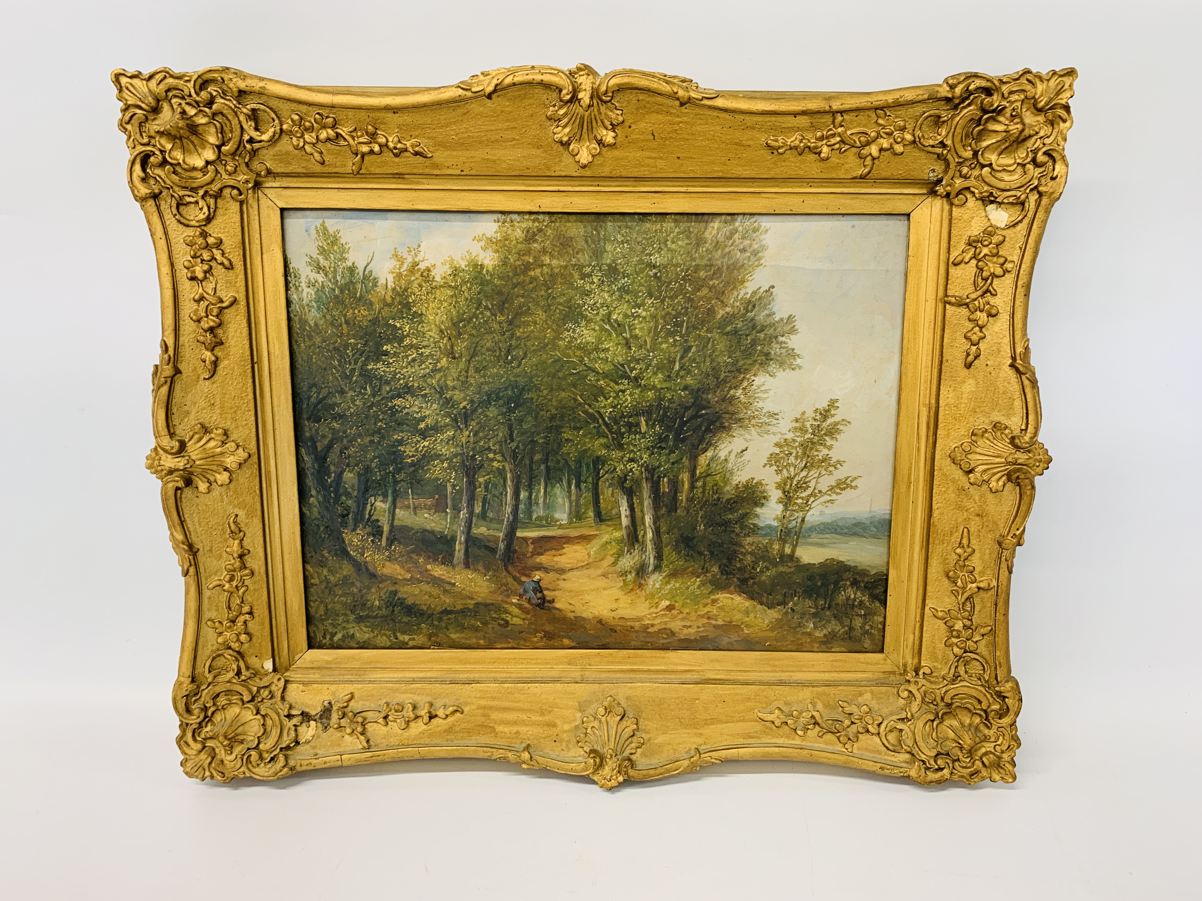 ATTRIBUTED TO OBADIAH SHORT OIL ON CANVAS 30 X 41CM - A COUNTRY LANE WITH A FIGURE