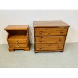 A MODERN HONEY PINE THREE DRAWER CHEST ALONG WITH A SOLID PINE TWO DRAWER BEDSIDE STAND