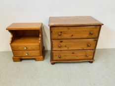 A MODERN HONEY PINE THREE DRAWER CHEST ALONG WITH A SOLID PINE TWO DRAWER BEDSIDE STAND