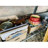 2 X BOXES OF SUNDRY CHINA AND RECORDS TO INCLUDE DINNERWARE, VINTAGE BUTTER DISH AND BISCUIT BARREL,