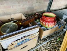 2 X BOXES OF SUNDRY CHINA AND RECORDS TO INCLUDE DINNERWARE, VINTAGE BUTTER DISH AND BISCUIT BARREL,