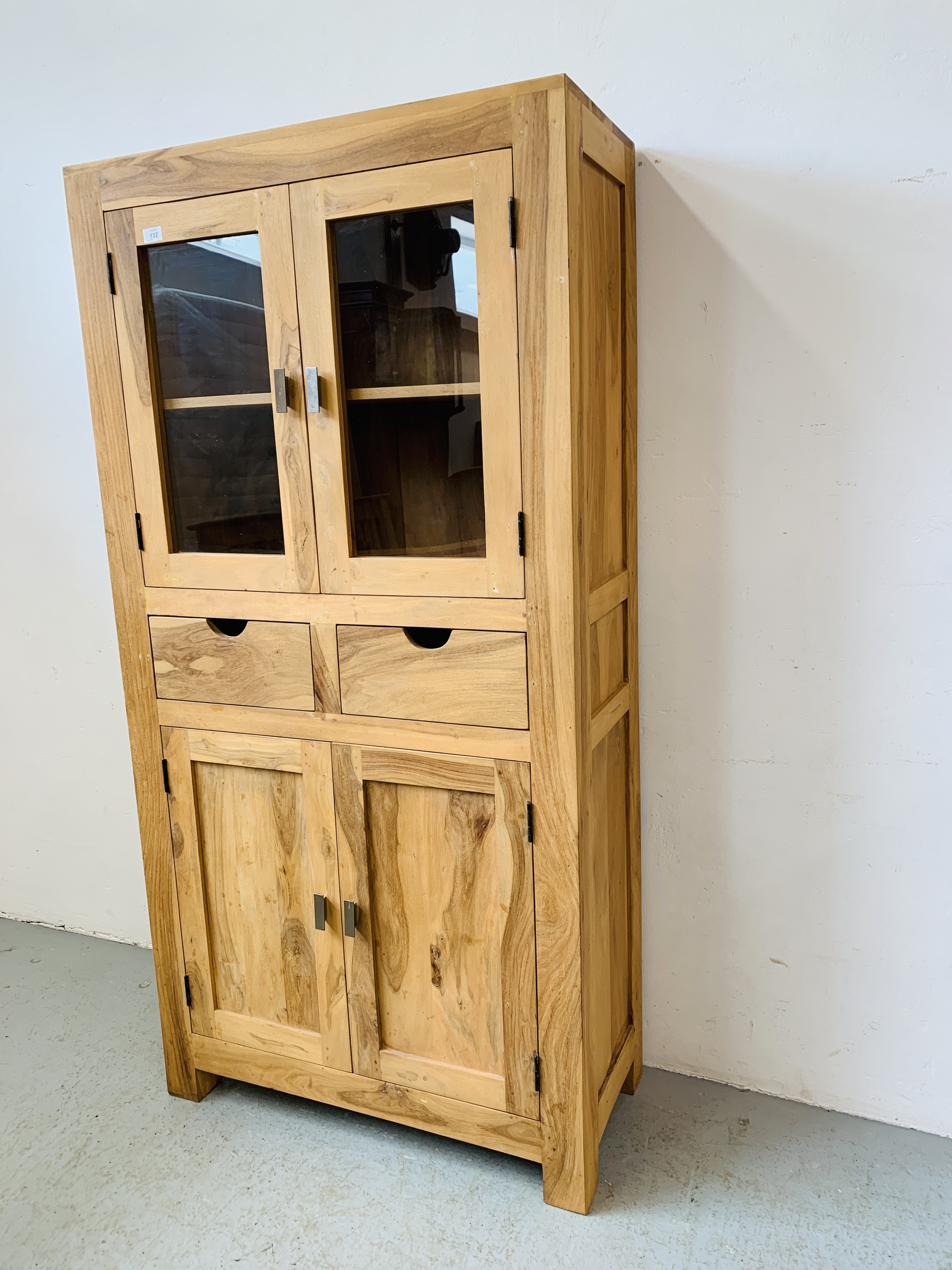 HARDWOOD ACACIA GLAZED CABINET WITH TWO CENTRAL DRAWERS - W 90CM. D 40CM. H 180CM. - Image 2 of 7