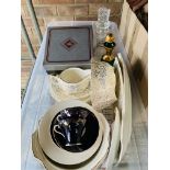 BOX OF SUNDRIES TO INCLUDE 2 DECANTERS, 2 GLASS BOWLS, EDINBURGH CRYSTAL BOXED CORONATION WARE,
