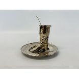 UNUSUAL SILVER MUSTARD POT IN THE FORM OF A BOOT LONDON ASSAY (PLATED MUSTARD SPOON)