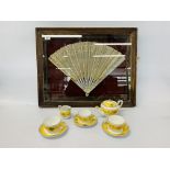 AN ANTIQUE MOTHER OF PEARL AND LACEWORK FAN PRESENTED IN DISPLAY CASE ALONG WITH EIGHT PIECES OF