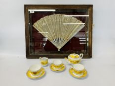 AN ANTIQUE MOTHER OF PEARL AND LACEWORK FAN PRESENTED IN DISPLAY CASE ALONG WITH EIGHT PIECES OF