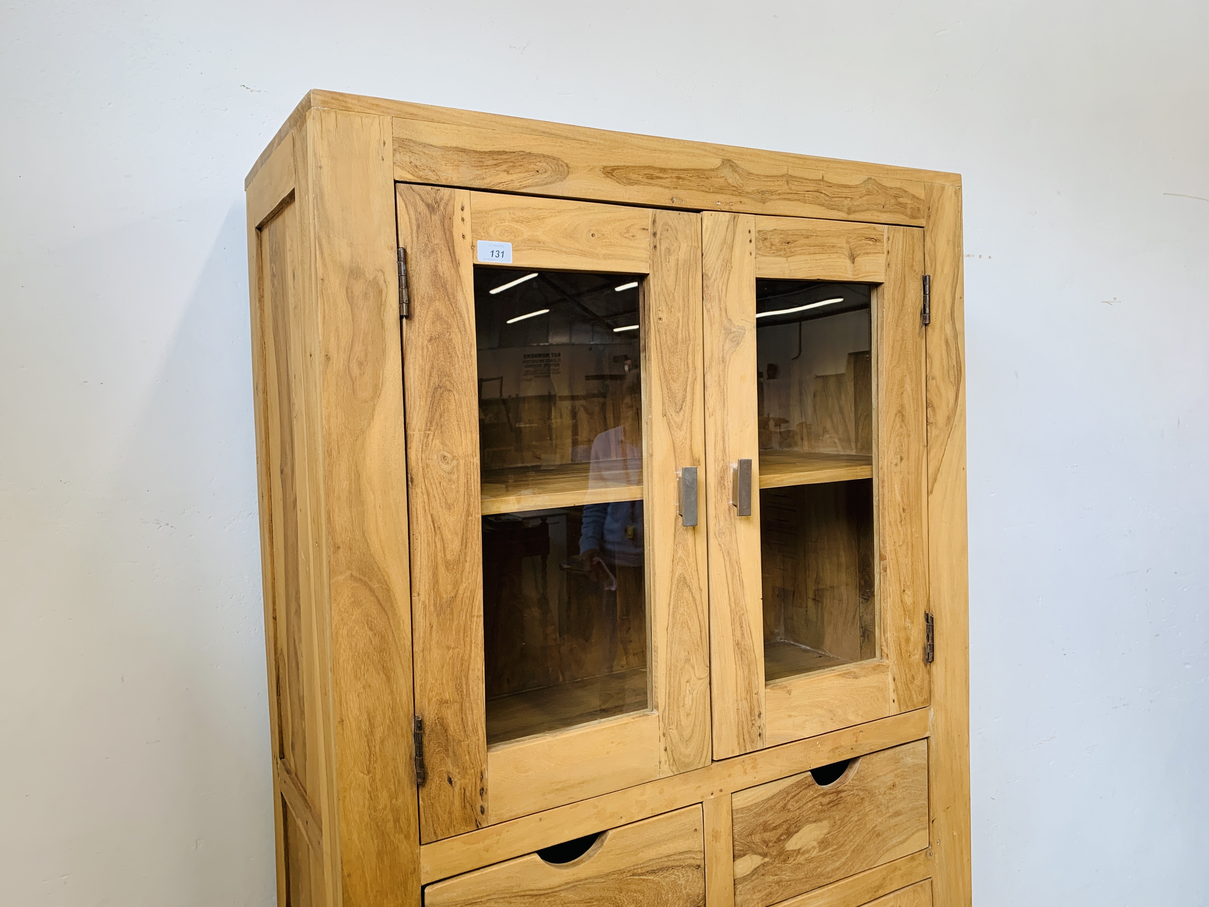 HARDWOOD ACACIA PART GLAZED CABINET WITH TWO CENTRAL DRAWERS - W 90CM. D 40CM. H 180CM. - Image 6 of 8