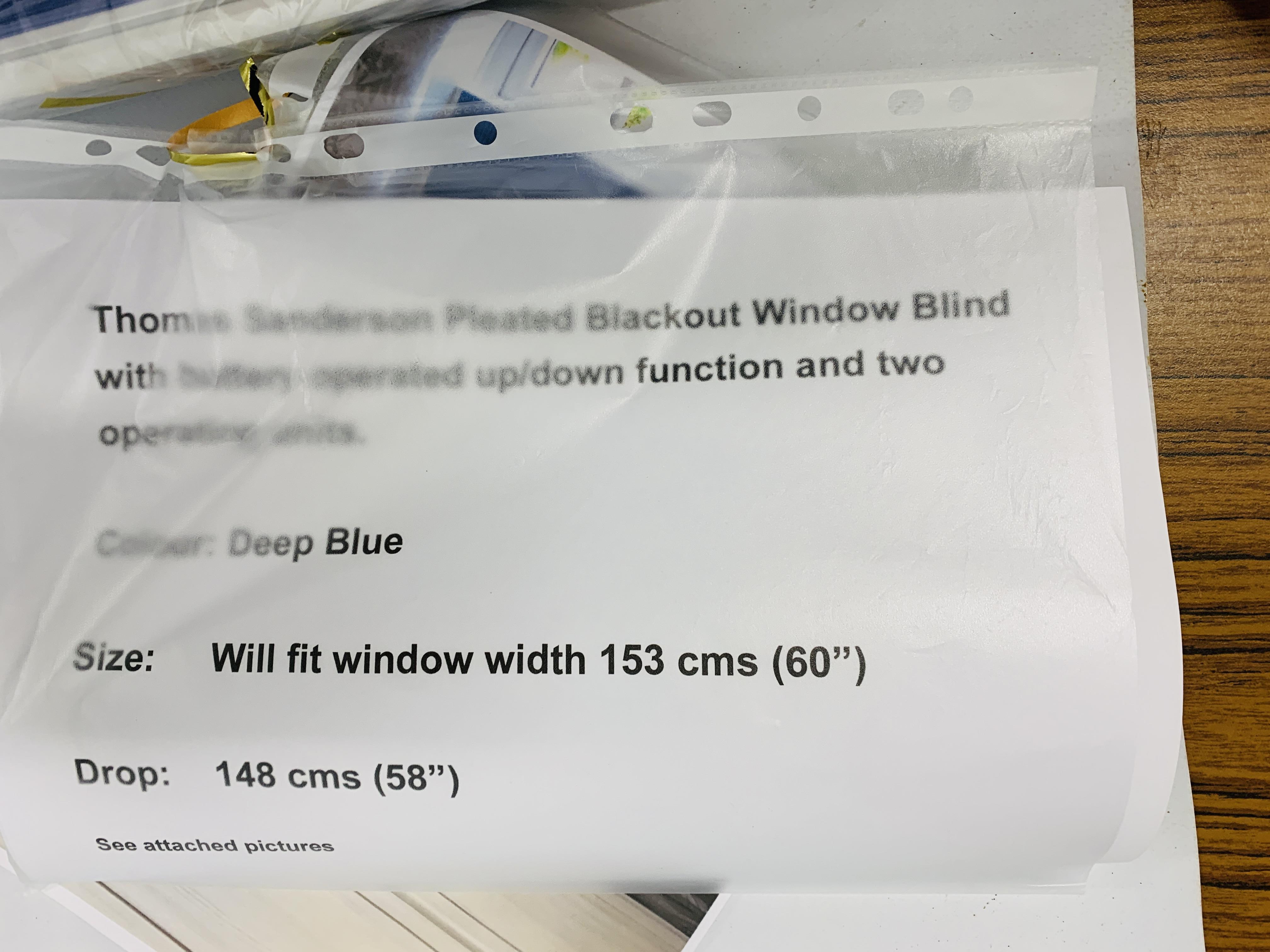 A THOMAS SANDERSON PLEATED BLACKOUT ELECTRIC WINDOW BLIND 5FT - SOLD AS SEEN - Image 2 of 7