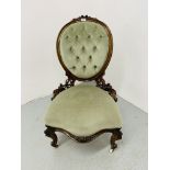VICTORIAN WALNUT EASY CHAIR WITH OVAL BACK GREEN VELOUR UPHOLSTERY