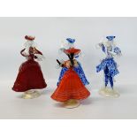 PAIR OF MURANO BLUE GLASS VIENNESE STYLE FIGURINES TOGETHER WITH A FURTHER 2 IN RED DRESSES