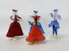 PAIR OF MURANO BLUE GLASS VIENNESE STYLE FIGURINES TOGETHER WITH A FURTHER 2 IN RED DRESSES