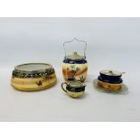 4 X PIECES OF NORITAKE BLUE AND ORANGE EGYPTIAN DESIGN COMPRISING BISCUIT BARREL,