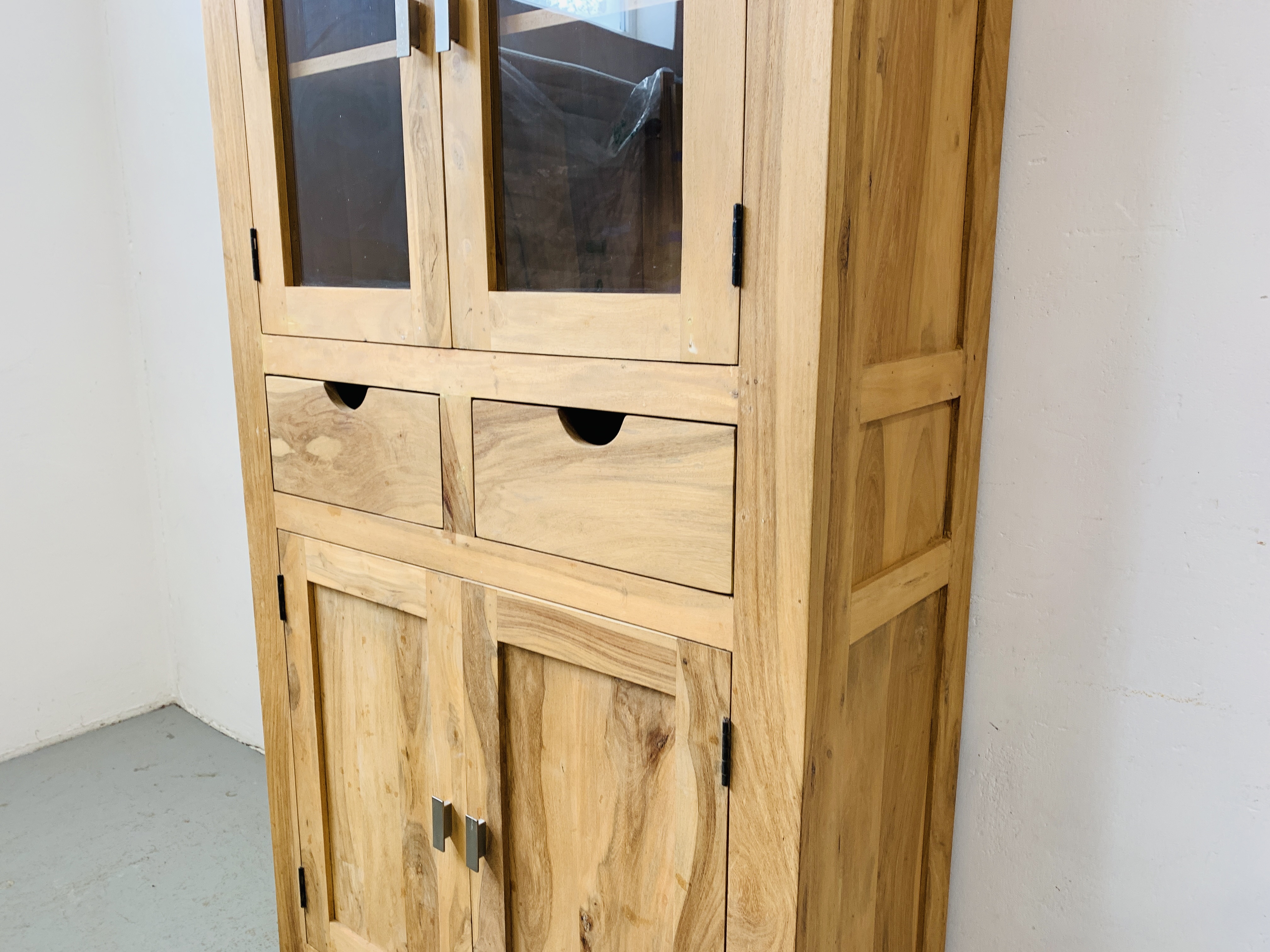 HARDWOOD ACACIA GLAZED CABINET WITH TWO CENTRAL DRAWERS - W 90CM. D 40CM. H 180CM. - Image 4 of 7