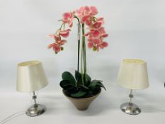 ARTIFICIAL M & S HOME PINK ORCHID IN CERAMIC POT TOGETHER WITH A PAIR OF MODERN CHROME FINISH