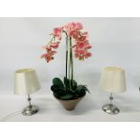 ARTIFICIAL M & S HOME PINK ORCHID IN CERAMIC POT TOGETHER WITH A PAIR OF MODERN CHROME FINISH