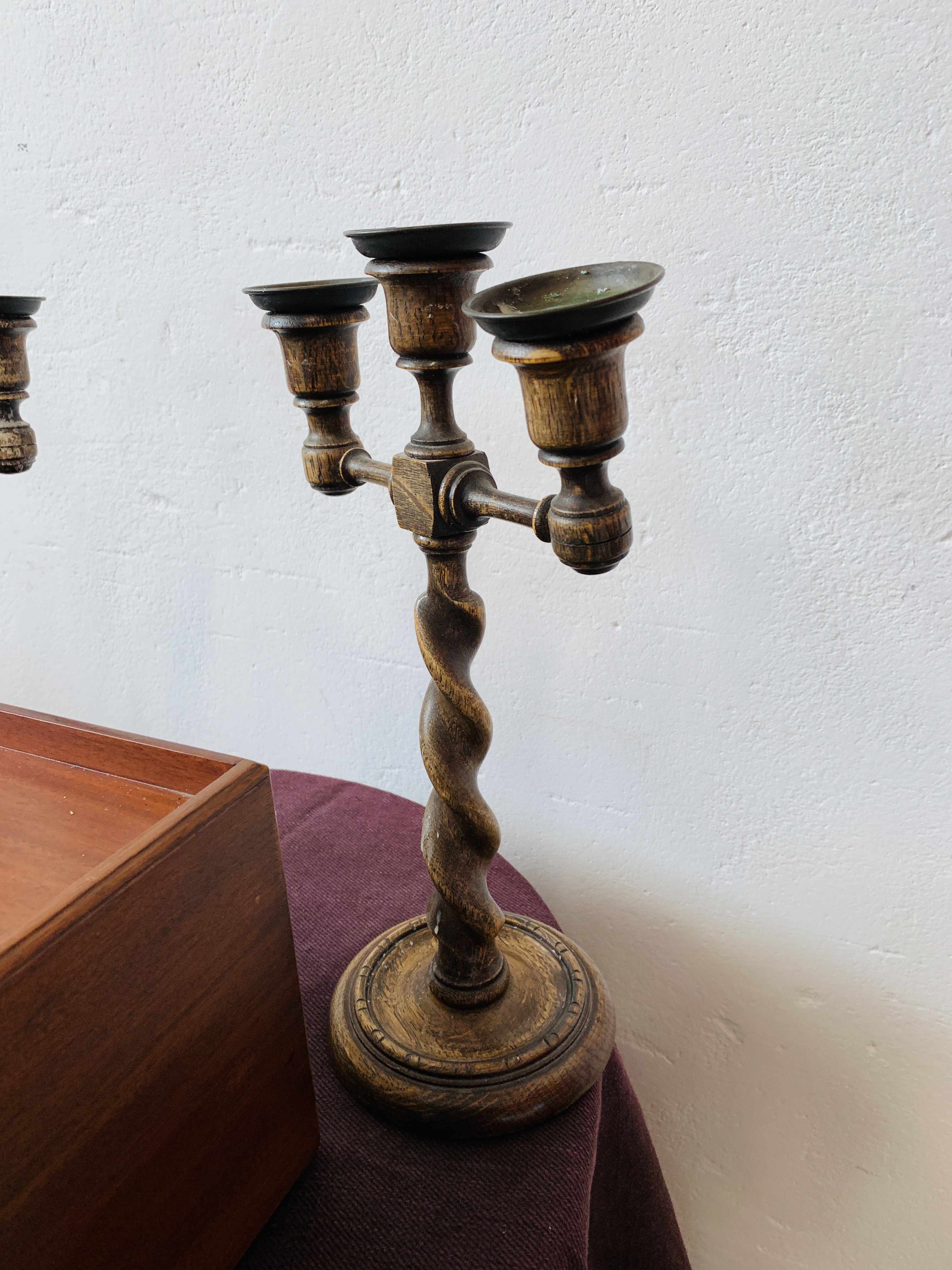 A MAHOGANY SINGLE DRAWER CD STORAGE BOX, PAIR OF OAK BARLEY TWIST CANDELABRA, - Image 4 of 10