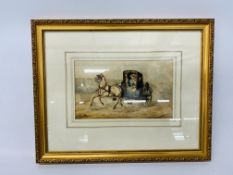 FRAMED WATERCOLOUR "HORSE DRAWN CARRIAGE" BEARING SIGNATURE THOMAS HARDY - H 15CM X W 25CM.
