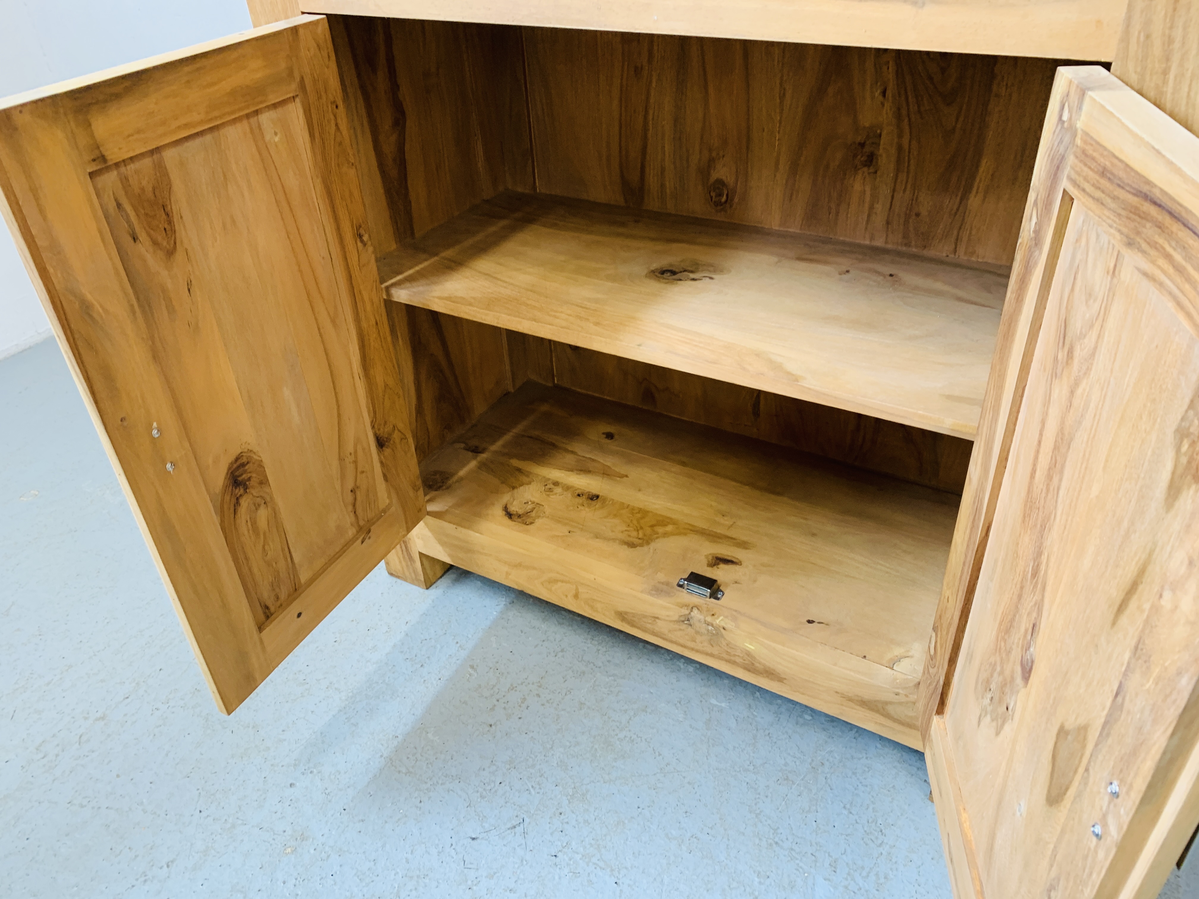 HARDWOOD ACACIA GLAZED CABINET WITH TWO CENTRAL DRAWERS - W 90CM. D 40CM. H 180CM. - Image 7 of 7