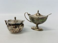 SILVER MUSTARD POT WITH GREEN LINER AND PIERCED DECORATION BIRMINGHAM ASSAY (PLATED MUSTARD SPOON +