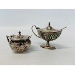 SILVER MUSTARD POT WITH GREEN LINER AND PIERCED DECORATION BIRMINGHAM ASSAY (PLATED MUSTARD SPOON +