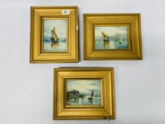 3 X GILT FRAMED OILS ON CANVAS "NORFOLK WHERRIES" BEARING SIGNATURE E. STORK 1915. H 11.5CM X W 16.