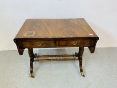 A REPRODUCTION MAHOGANY FINISH TWO DRAWER DROP FLAP SOFA TABLE - W 94CM. D 56CM.